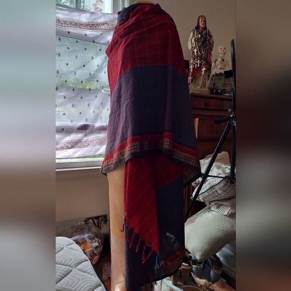 Large Shawl Wrap Deep Rich Colors Gold Trim 7 ft long - Picture 3 of 9